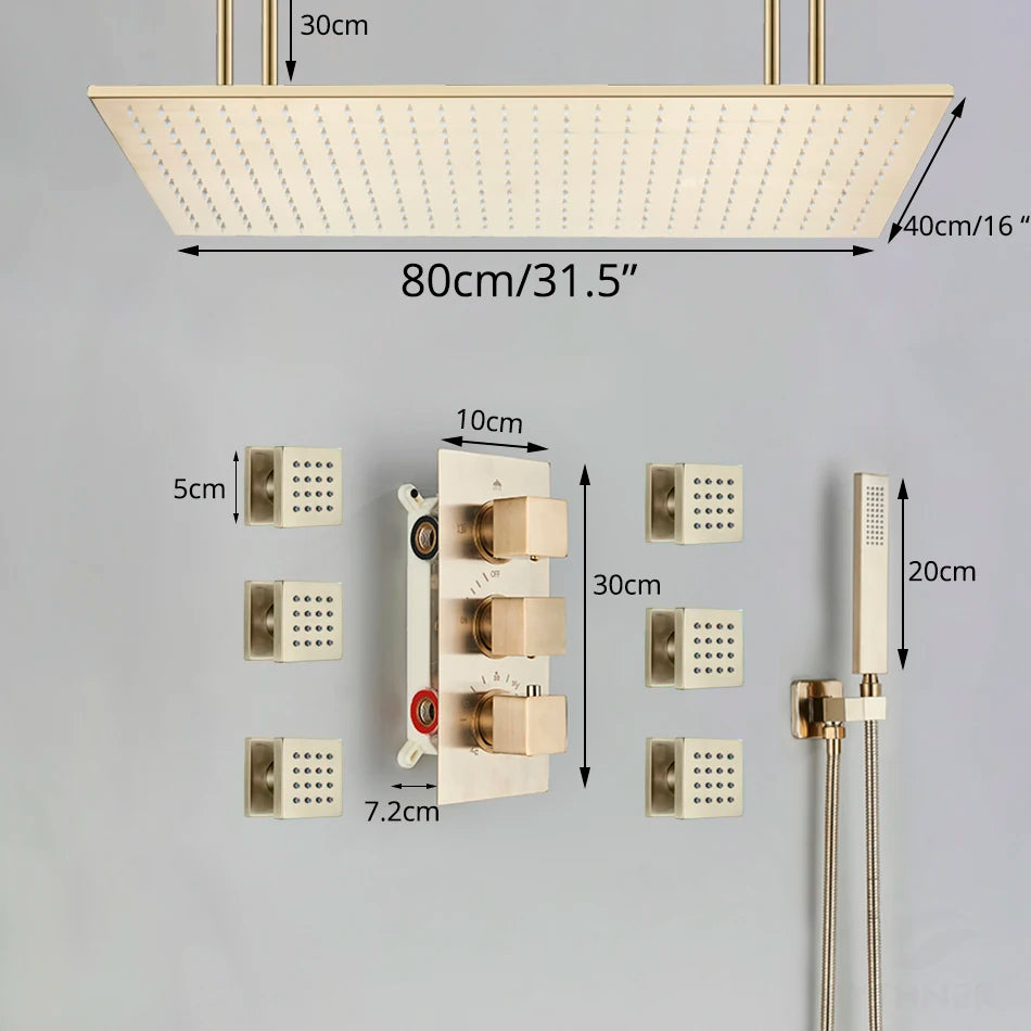 Uythner Brushed Gold Thermostatic Shower Faucet With Rainfall Head