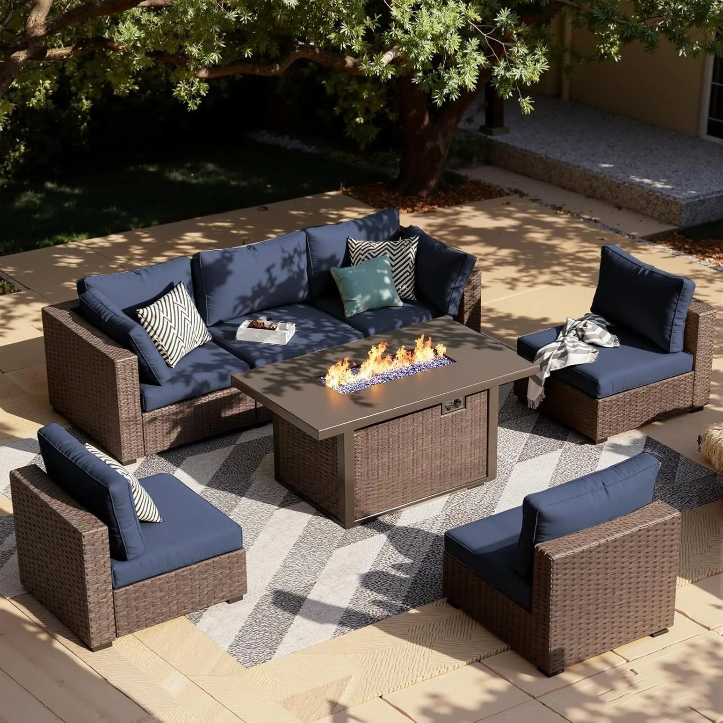 XIAOLANG 7-Piece Outdoor Patio Furniture Set With Fire Pit Table