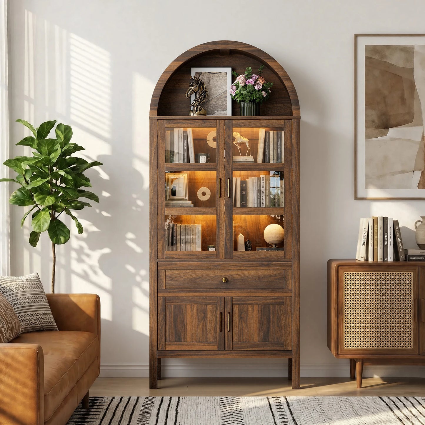 Cottinch Arched Wood Storage Cabinet With Adjustable Shelves Dimmable LED