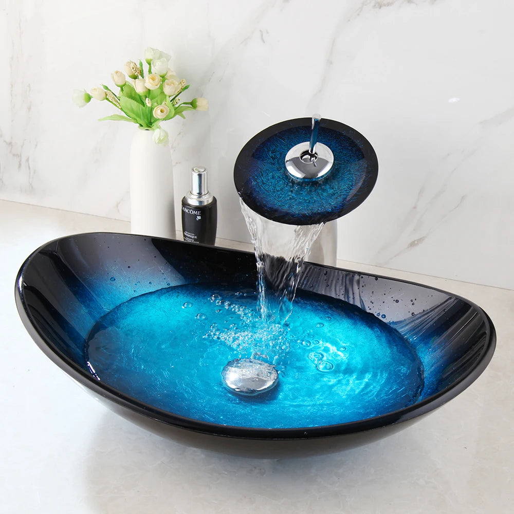 Mekkhala Oval Blue Tempered Glass Vessel Sink With Waterfall Faucet