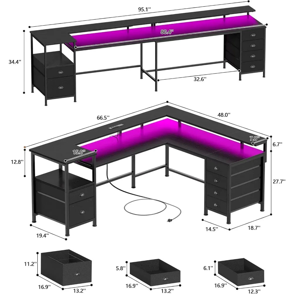 L Shaped Gaming Desk With Led Lights And Power Outlets