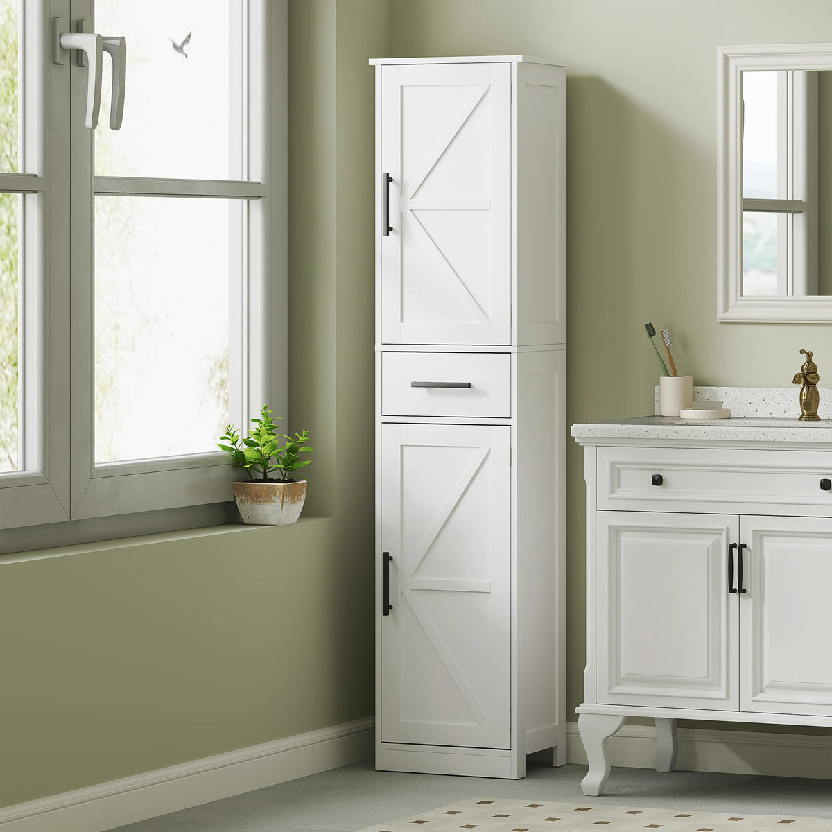 Homcom Narrow Bathroom Storage Cabinet With Barn Doors