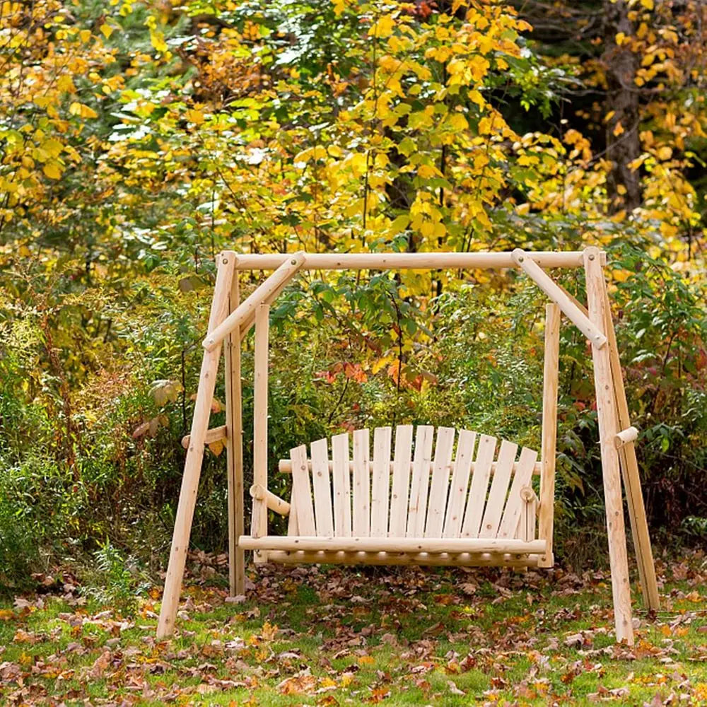 Wood Log Swing Set With Bench Loveseat For Outdoor Use