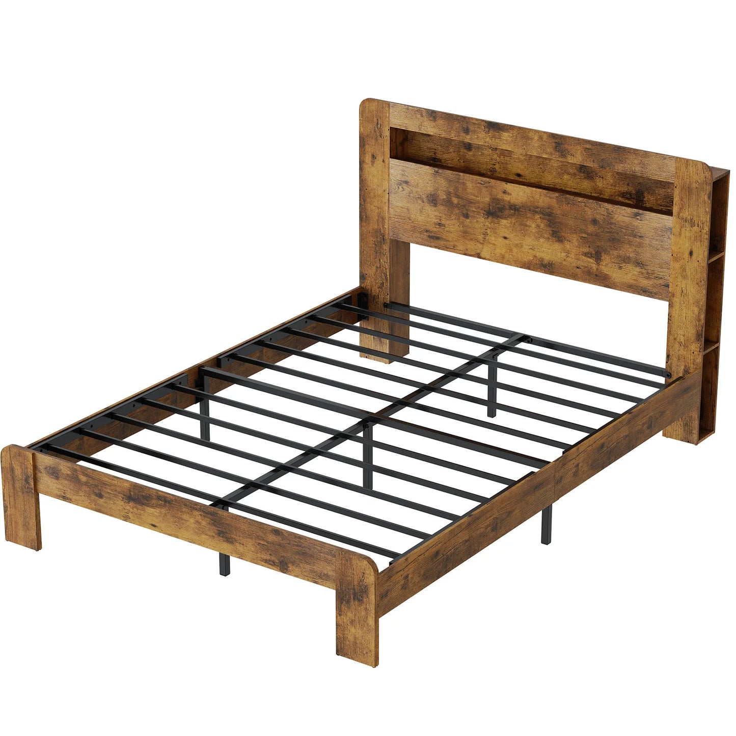Wooden Platform Bed Frame With Storage Headboard And Charging Station