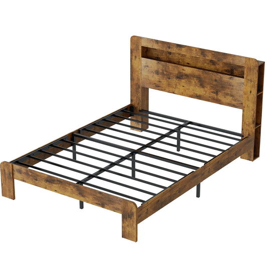 Wooden Platform Bed Frame With Storage Headboard And Charging Station
