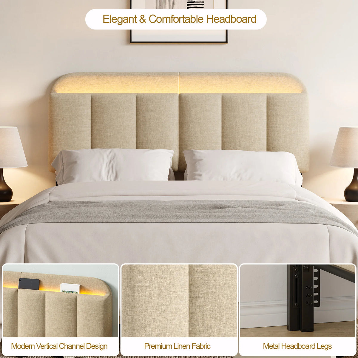 ONBRILL Adjustable Bed Headboard With Storage And RGB LED Lighting