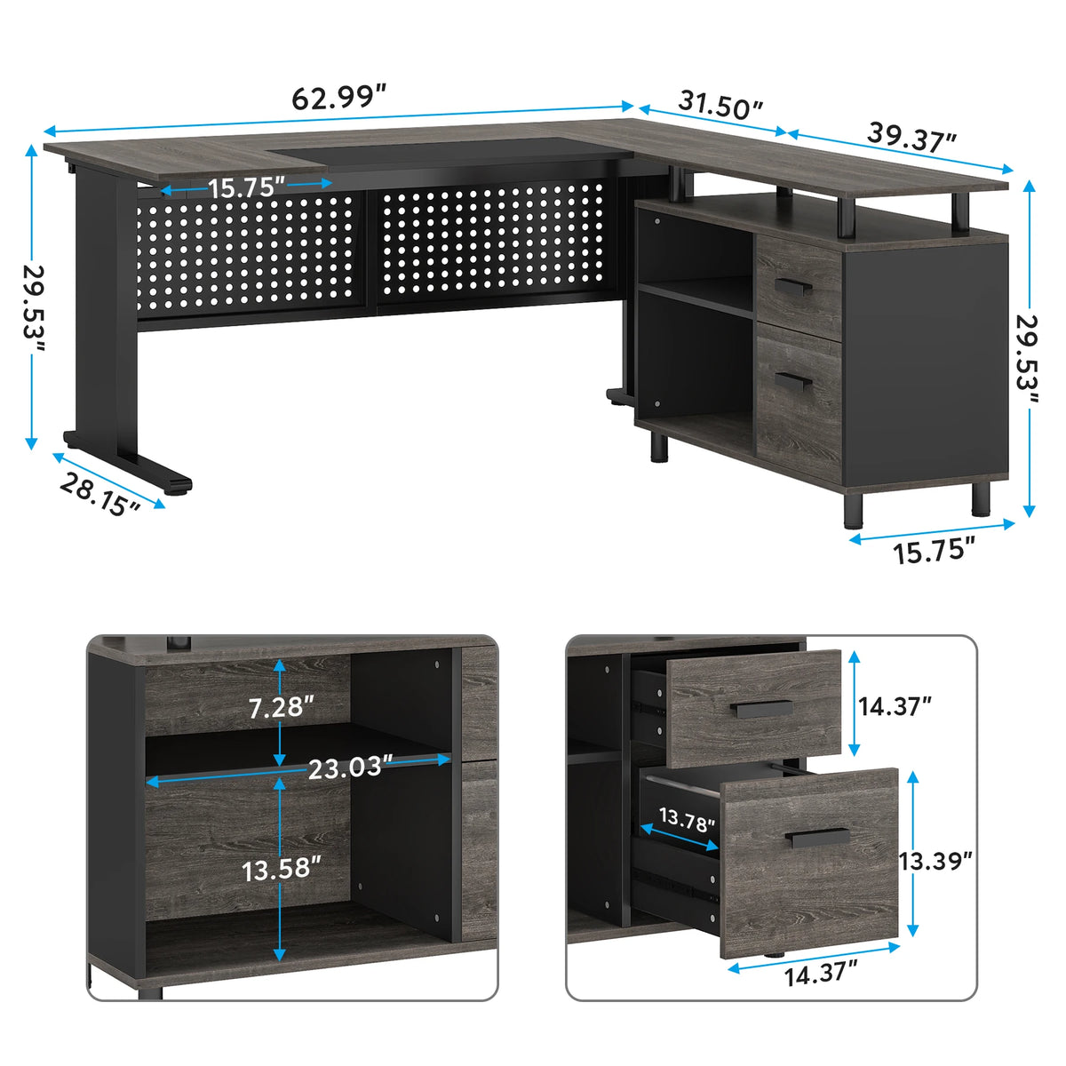 Tribesigns L-Shaped Office Desk with File Cabinet Drawers and Shelves