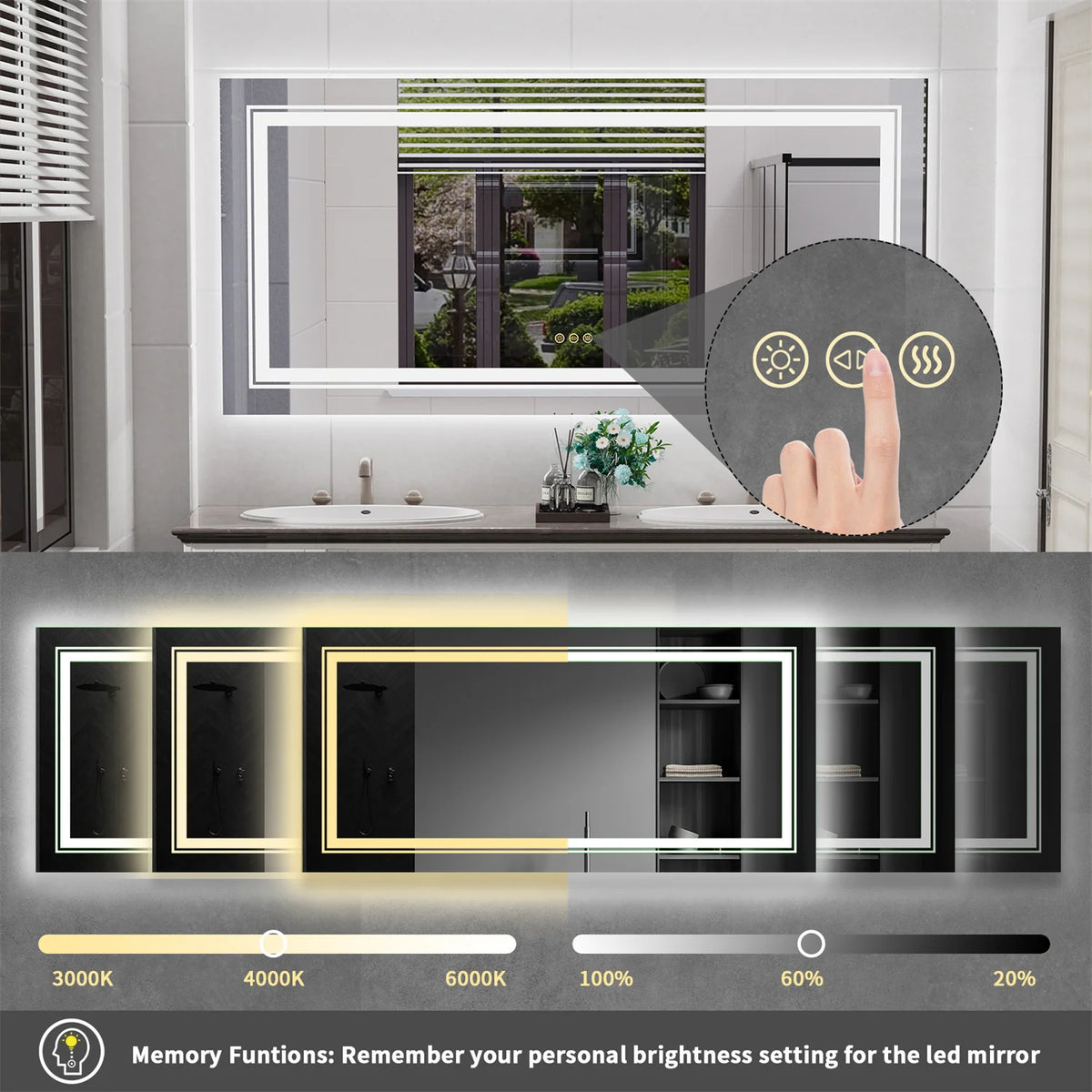 LED Backlit Bathroom Mirror With Antifog Touch Dimmable Lighting
