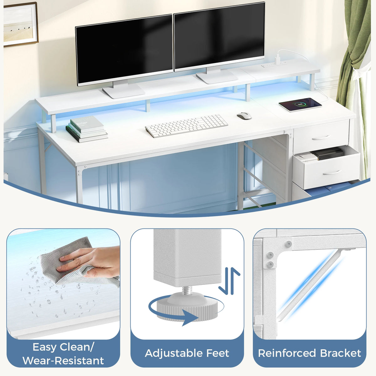JHK Gaming Computer Desk With Storage Drawers And LED Lighting