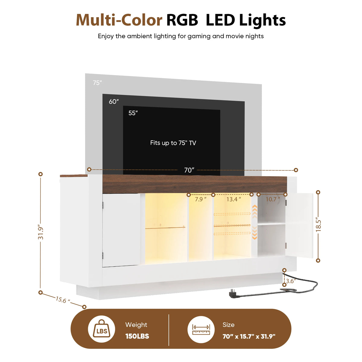 TCGBKAF Modern Farmhouse TV Stand Wooden Media Console LED Lights