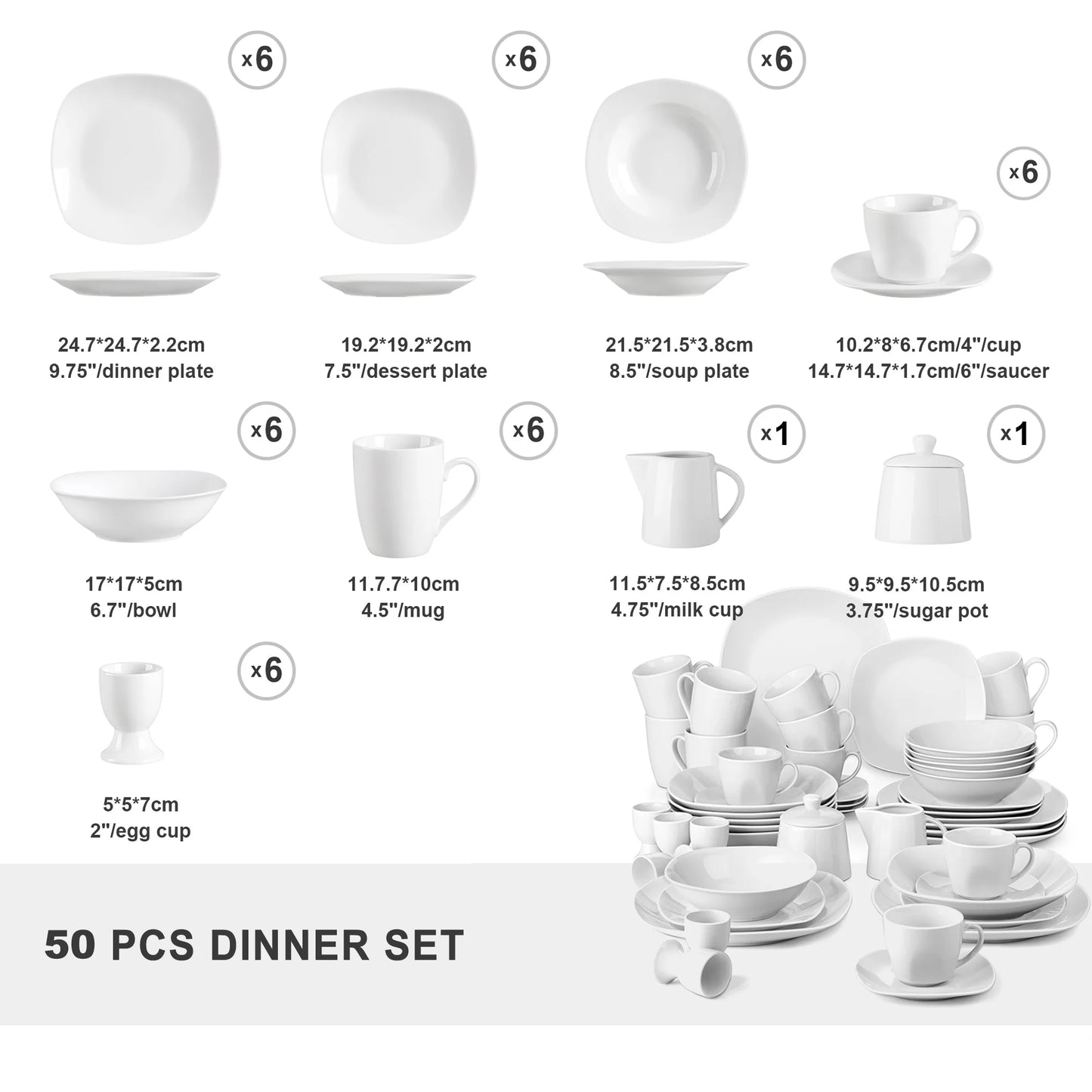 MALACASA Elisa 50 Piece Porcelain Dinnerware Set for 6