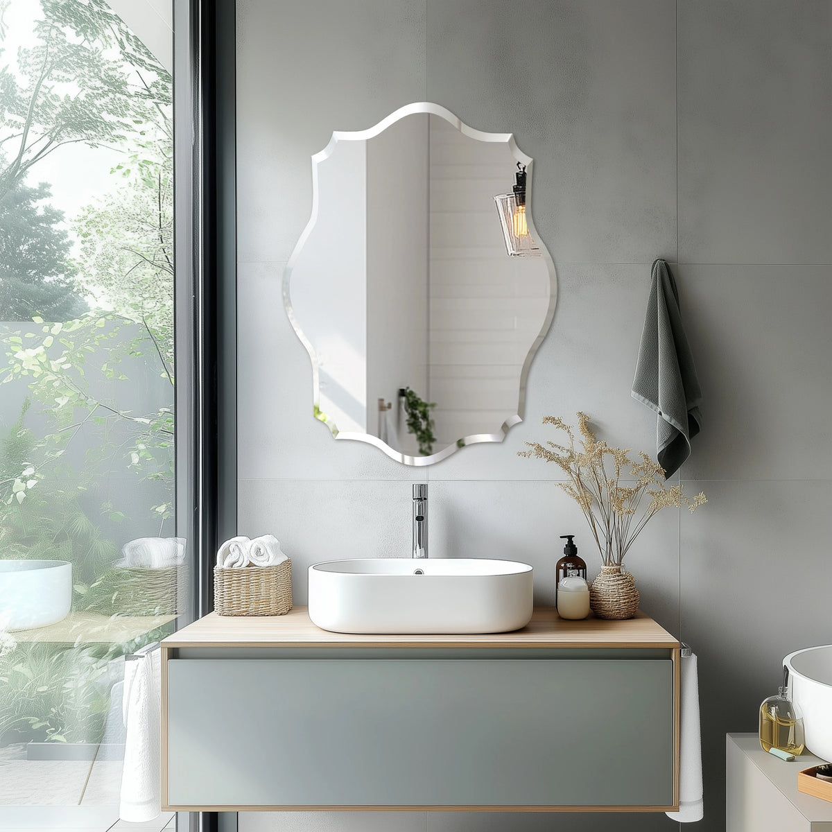 Wisfor Scalloped Frameless Beveled Edge Wall Mirror for Bathroom Vanity