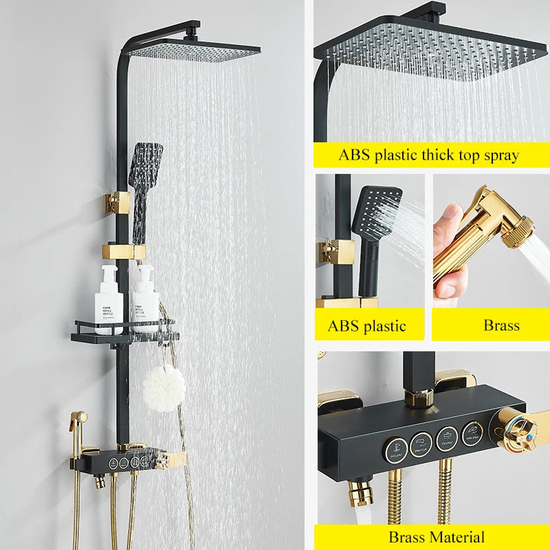 ALENARTWATER Black And Gold Shower Faucet Set With Dual Spray