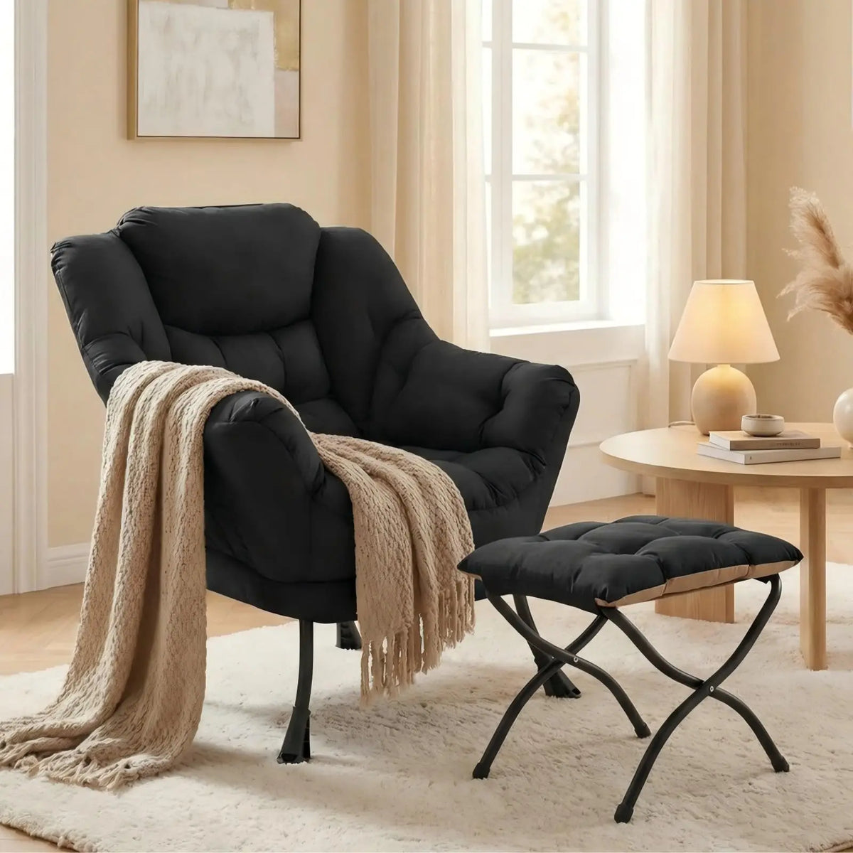 Lazy Chair with Foldable Ottoman,Modern Comfy Lounge Chair,Large Sofa Armchair,Reading Chair,with Footrest,a Side Pocket,non-slip foot pads,for Bedroom,Living Room,Dorm