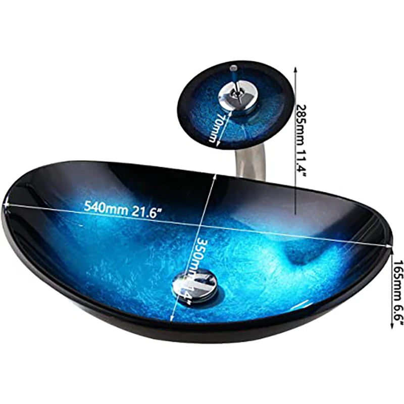 Mekkhala Oval Blue Tempered Glass Vessel Sink With Waterfall Faucet