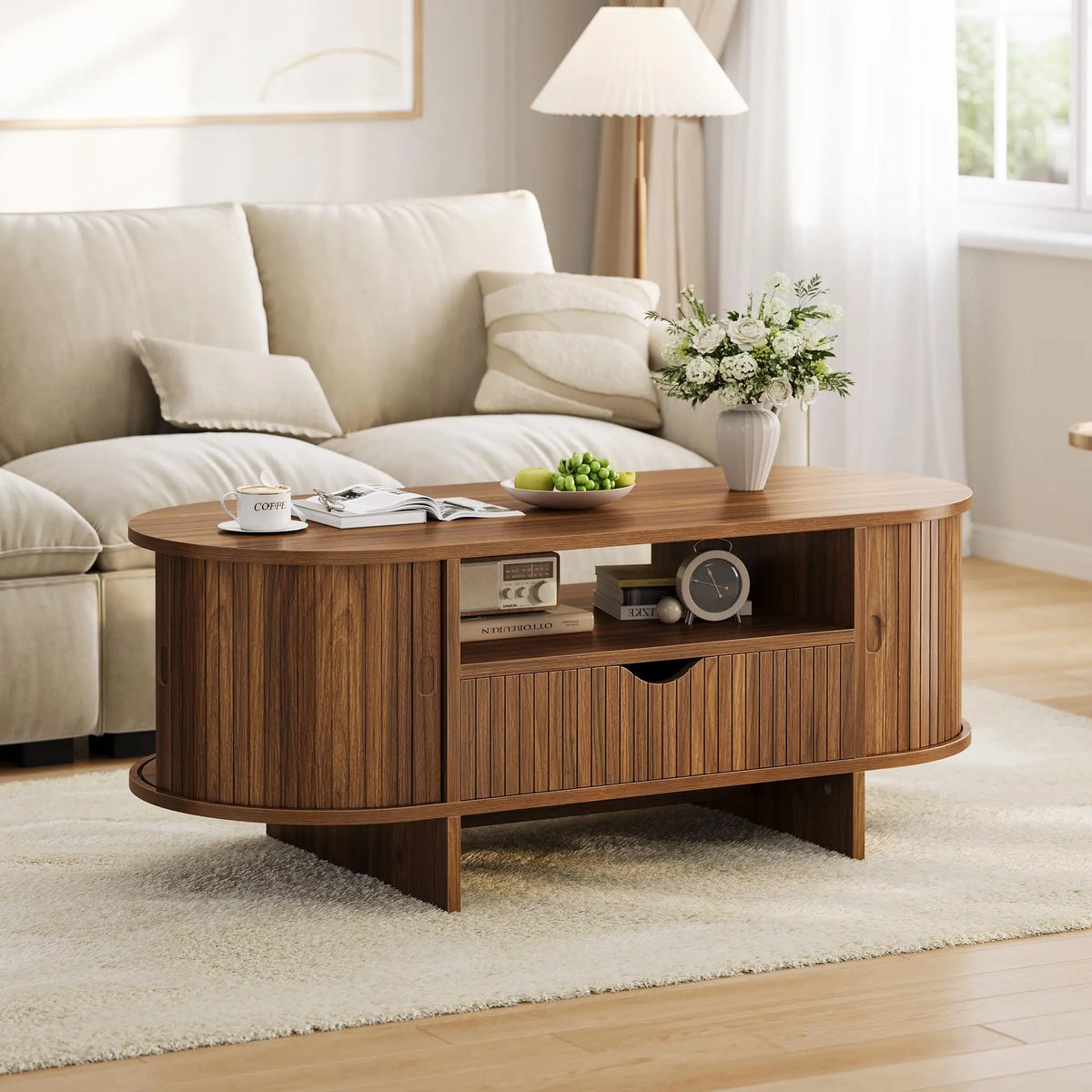 HiMiss Oval Wooden Coffee Table With Storage Drawer Fluted Design