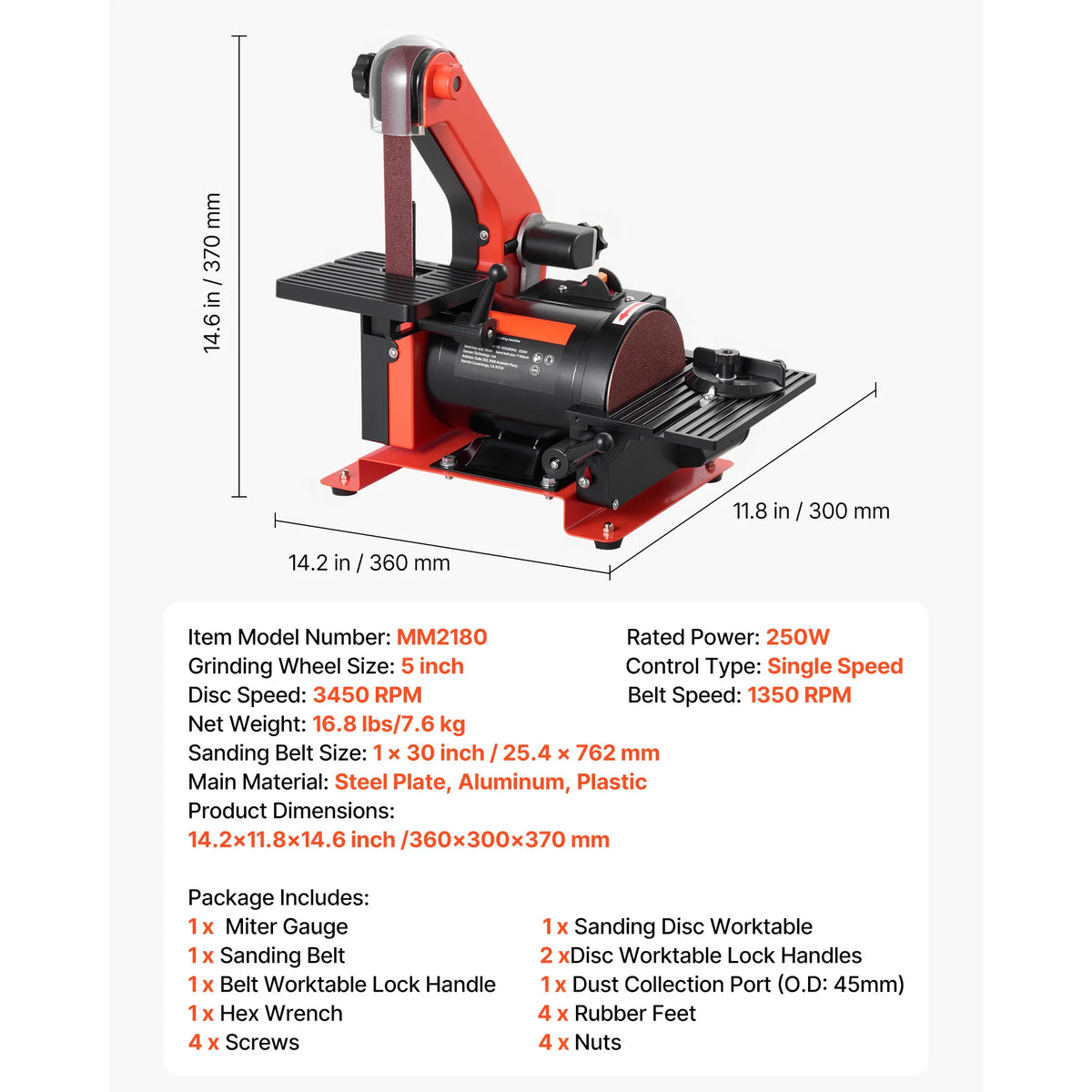 SucceBuy 5/6" Disc Sander 1x30/4x 36 in Belt Sander 250/400W with Adjustable Worktable & Dust Collection Port for Woodworking