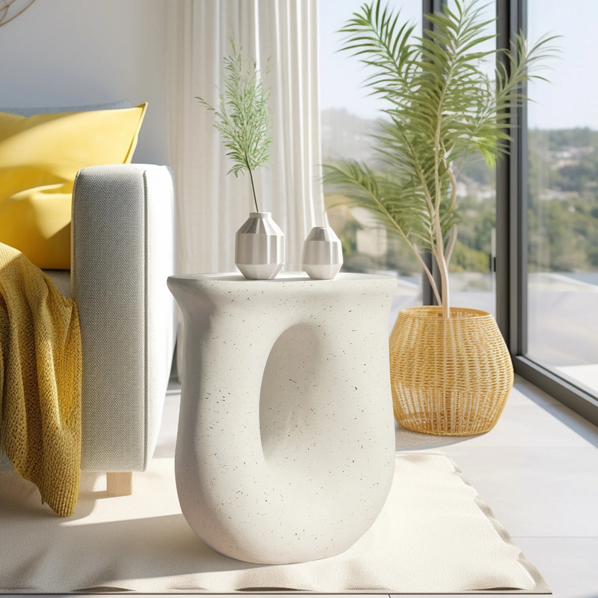 Stylish U Shaped Geometric Stone Side End Accent Table