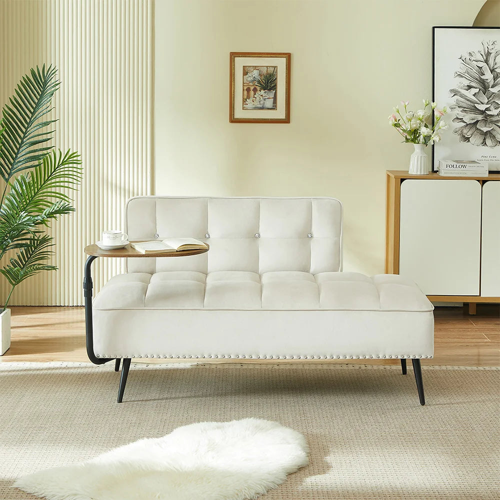 Modern Armless Velvet Sofa With Integrated Rotating Side Table