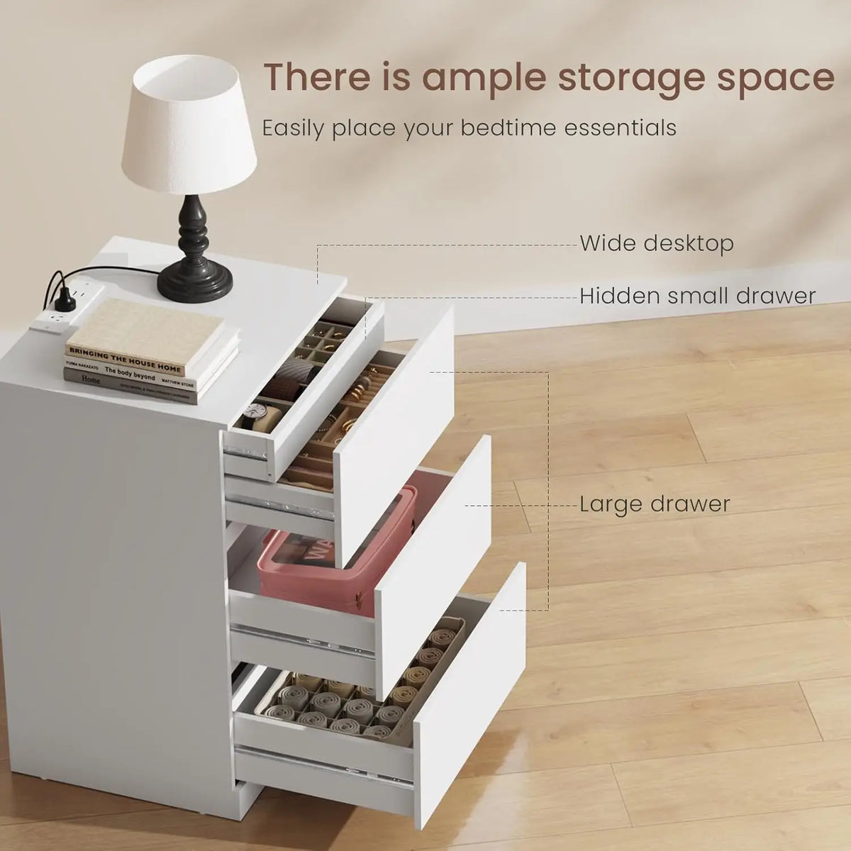 Modern Nightstand With Four Drawers Hidden Drawer And Charging Station