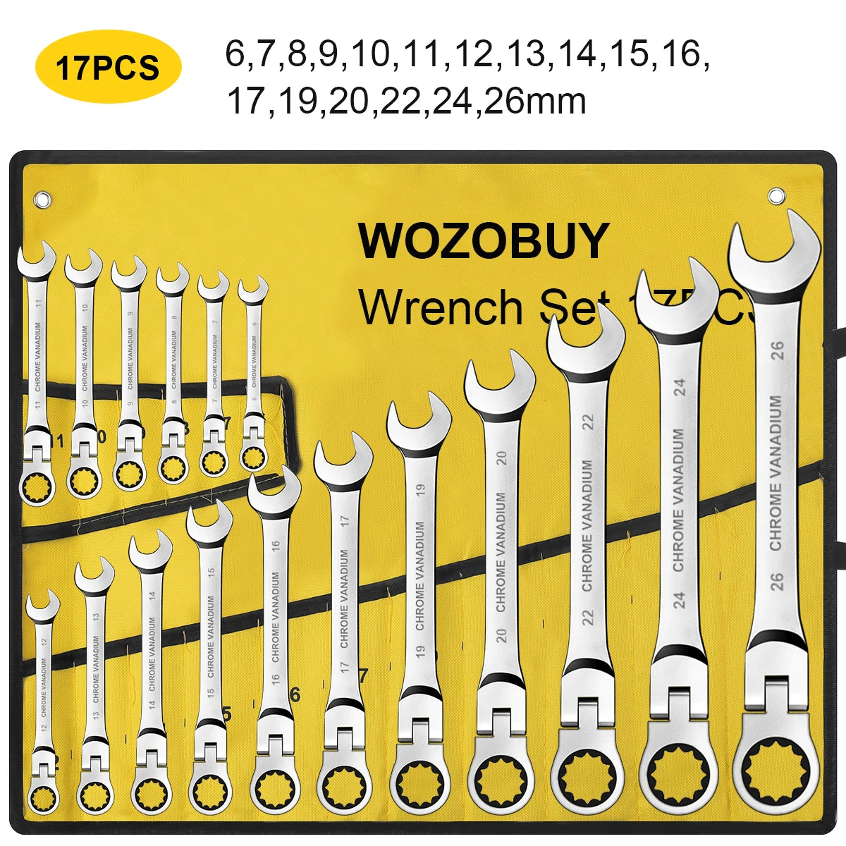 WOZOBUY Flex-Head Ratchet Wrench Set 12/14/16/17pcs Cr-V