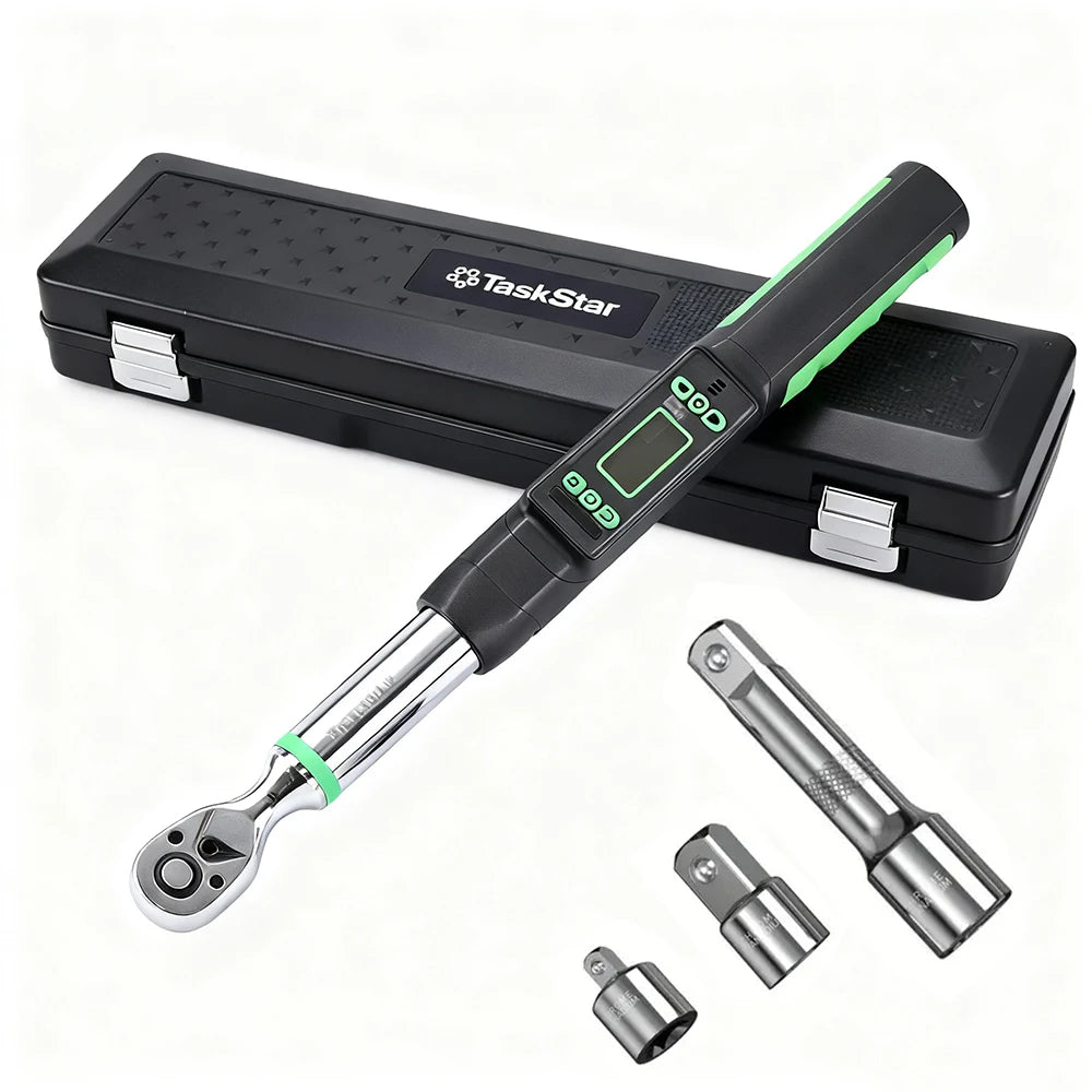 TaskStar Digital Torque Wrench 3/8-inch Driver ±2% Accuracy 0-220Nm/0-162ft-lbs Electric Torque Wrench with LCD Display, 1/4"&1/2" Adapter, Handheld Wrench Used For Motorcycle/Bicycle/Car Care