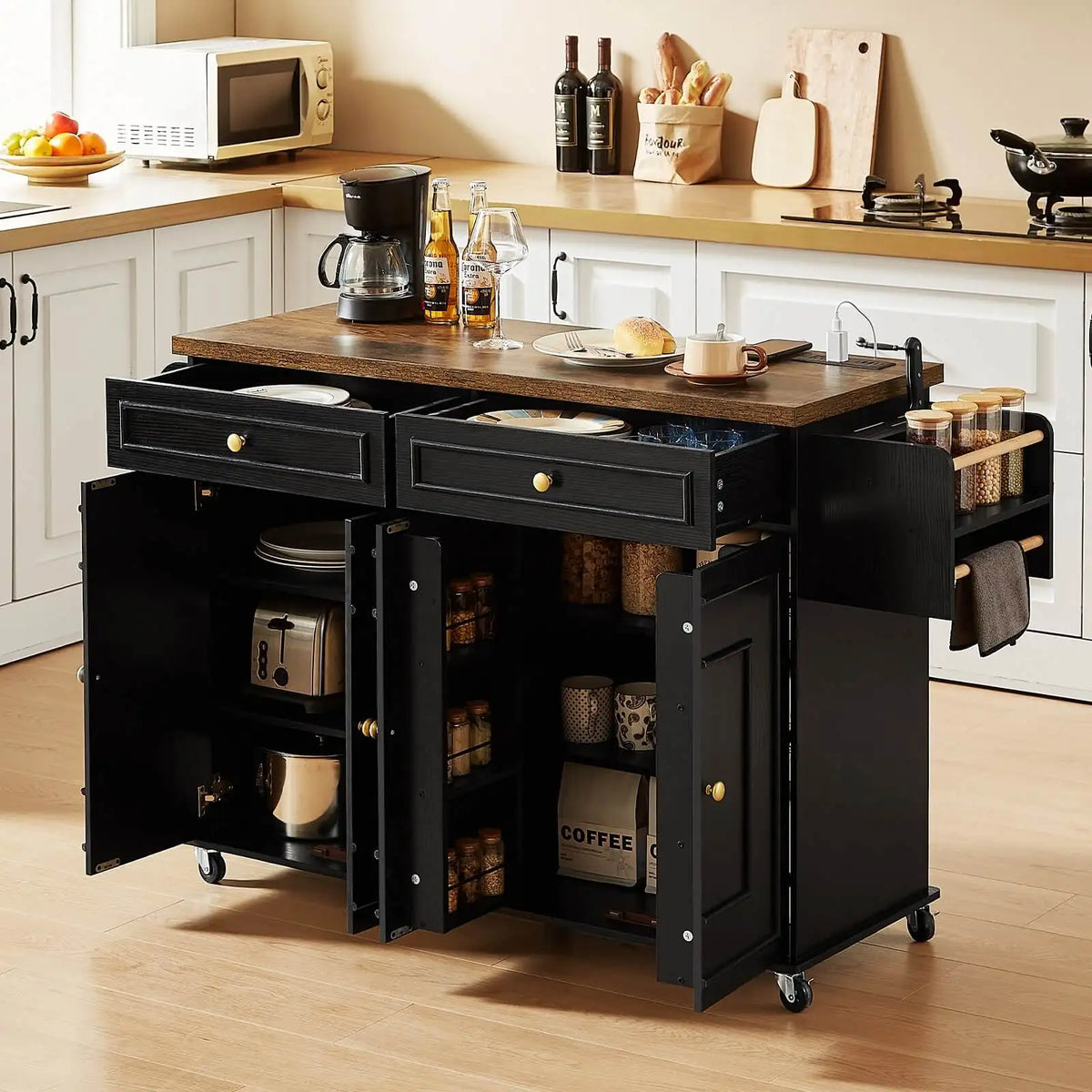 Wooden Rolling Kitchen Cart With Drop Leaf And Storage Rack