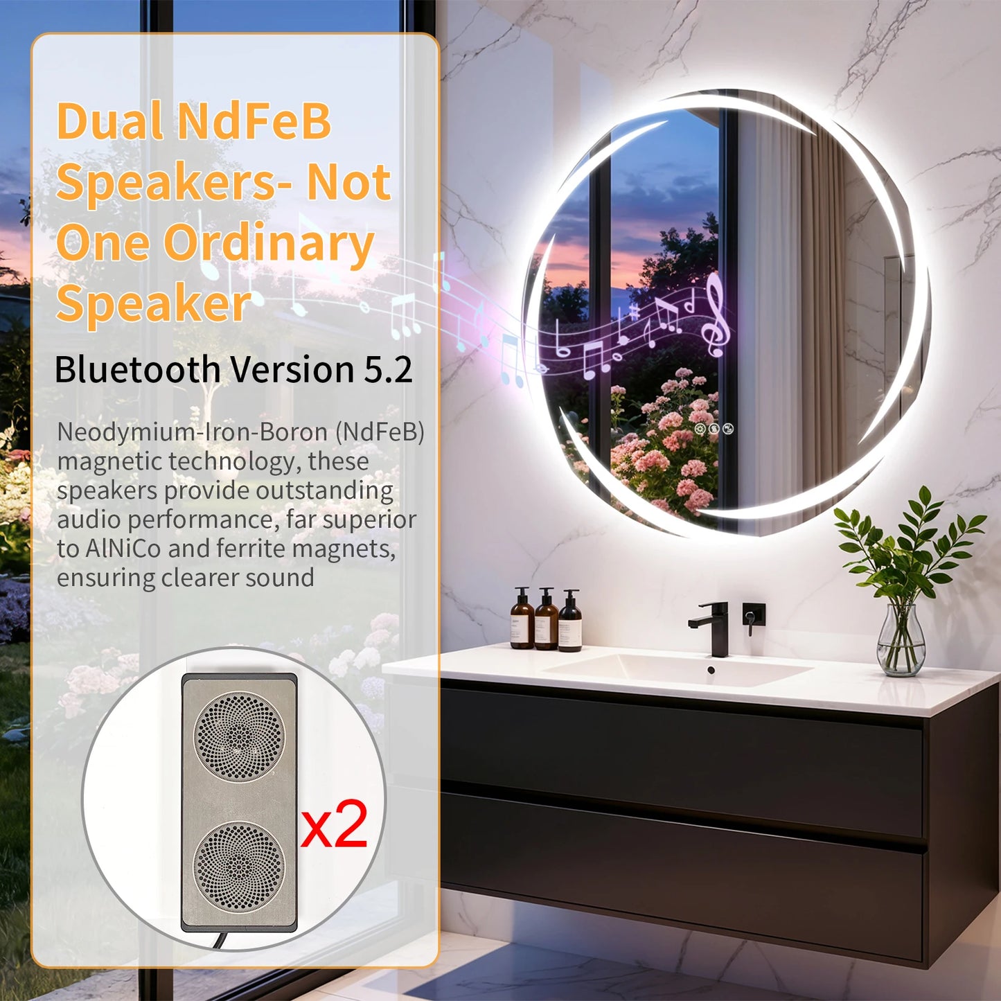 LED Bathroom Mirror With Bluetooth, Dual Speakers, Dimmable Defog Memory