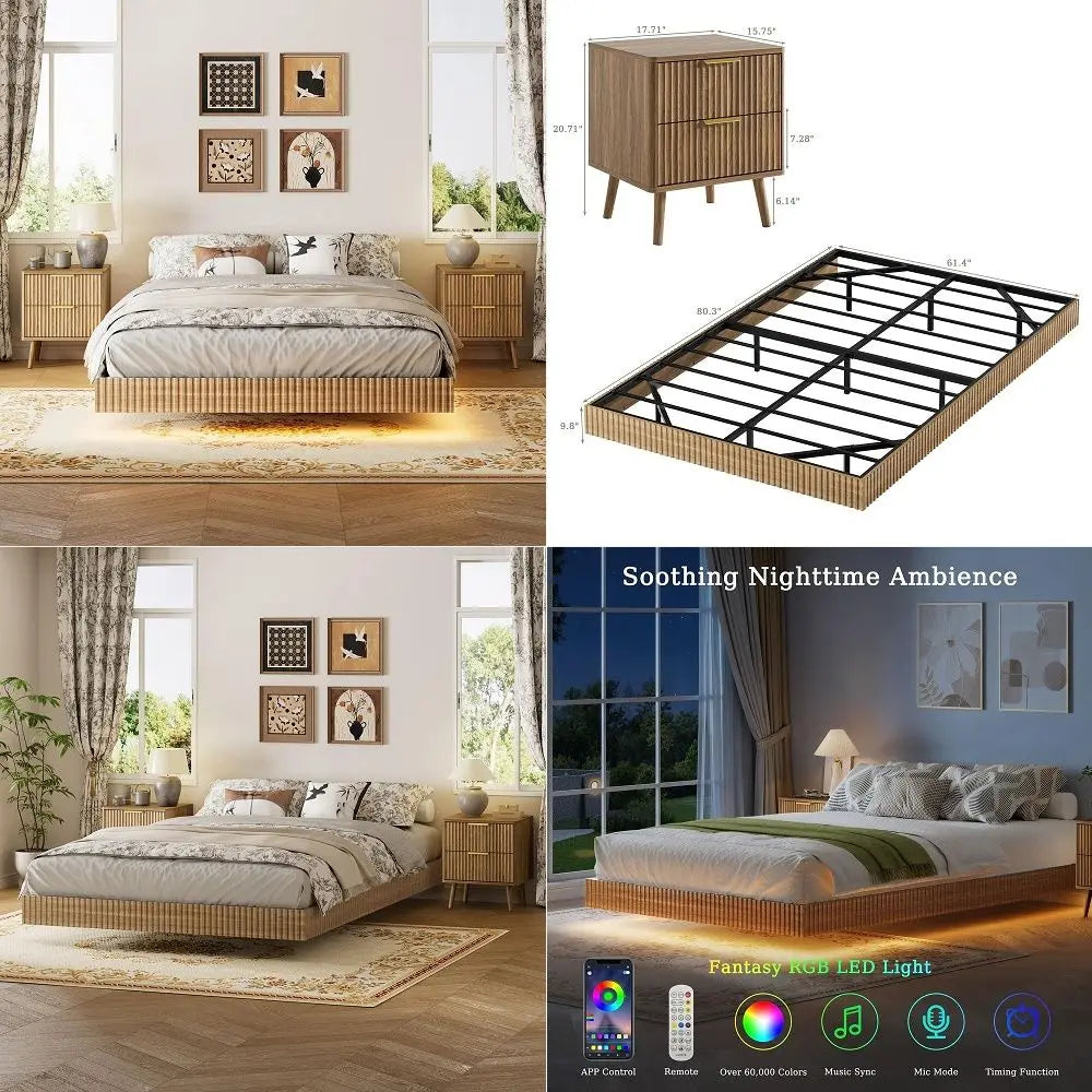 Queen Floating Bed Frame Set With Smart LED Lights Nightstands