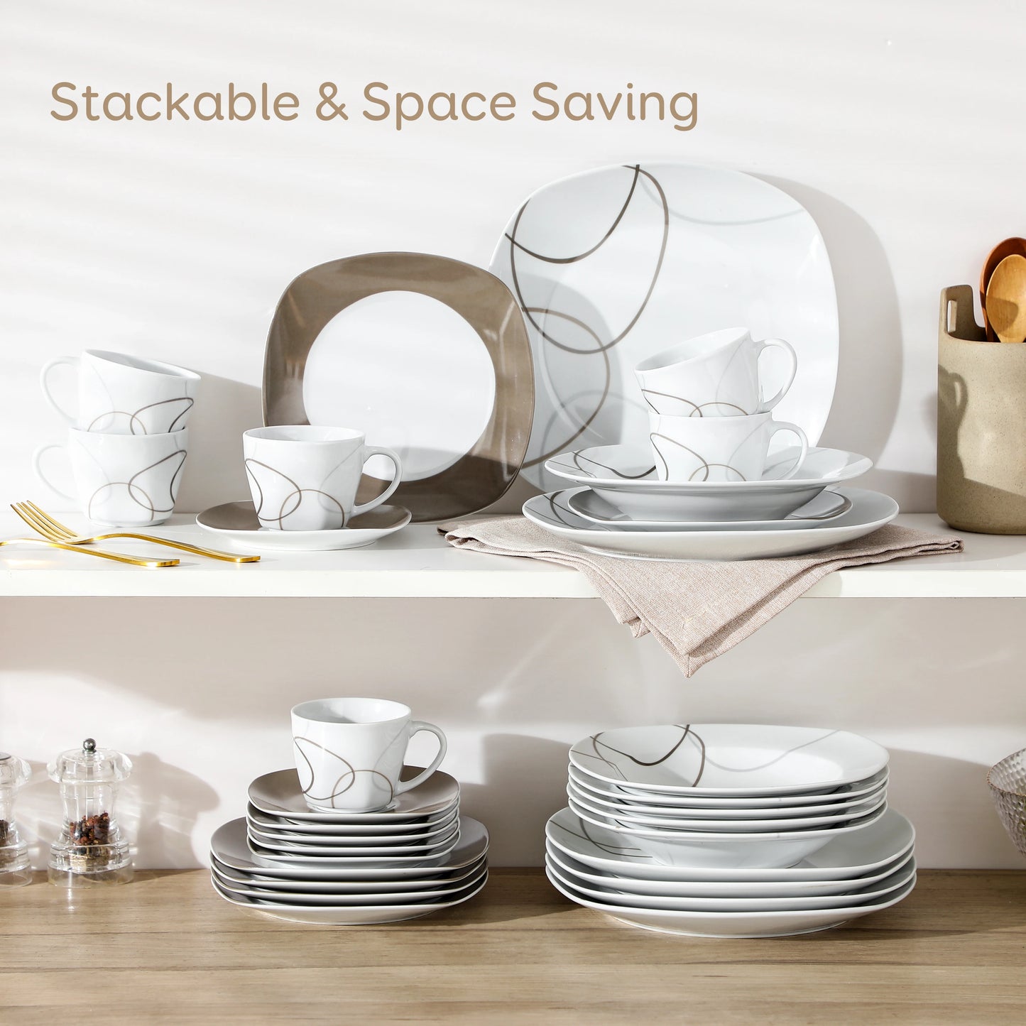 MALACASA 30 Piece Porcelain Dinnerware Set With Plates Cups And Saucers
