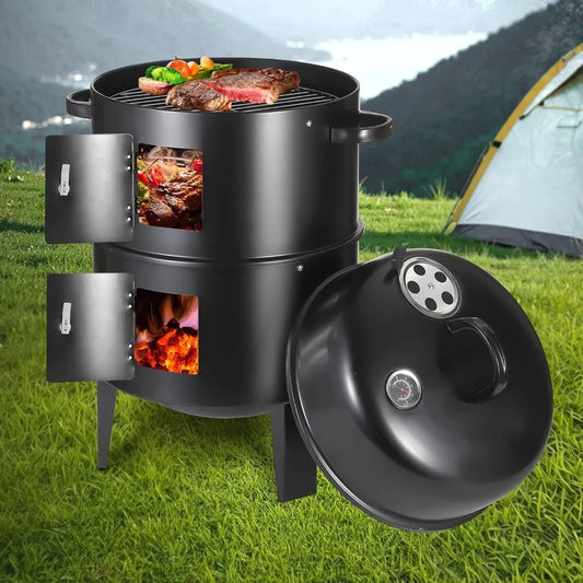 XIUWO Portable Vertical Charcoal Smoker Grill With Thermometers