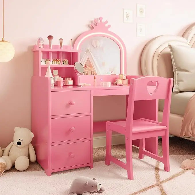 HiMISS Kids Vanity Makeup Table With Lights And Chair Set