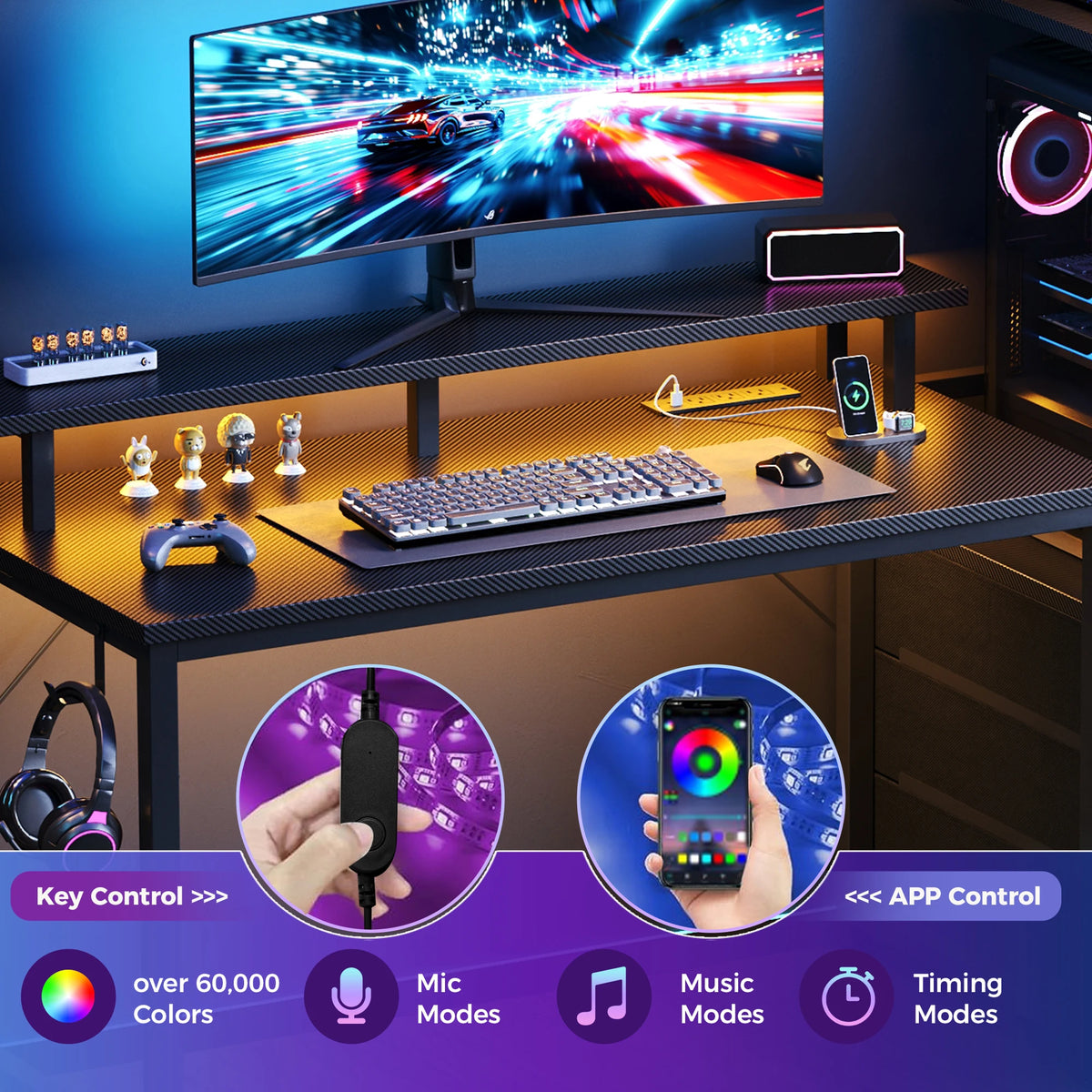 JHK Gaming Desk 3 Storage Drawers Led Lights Power Outlet