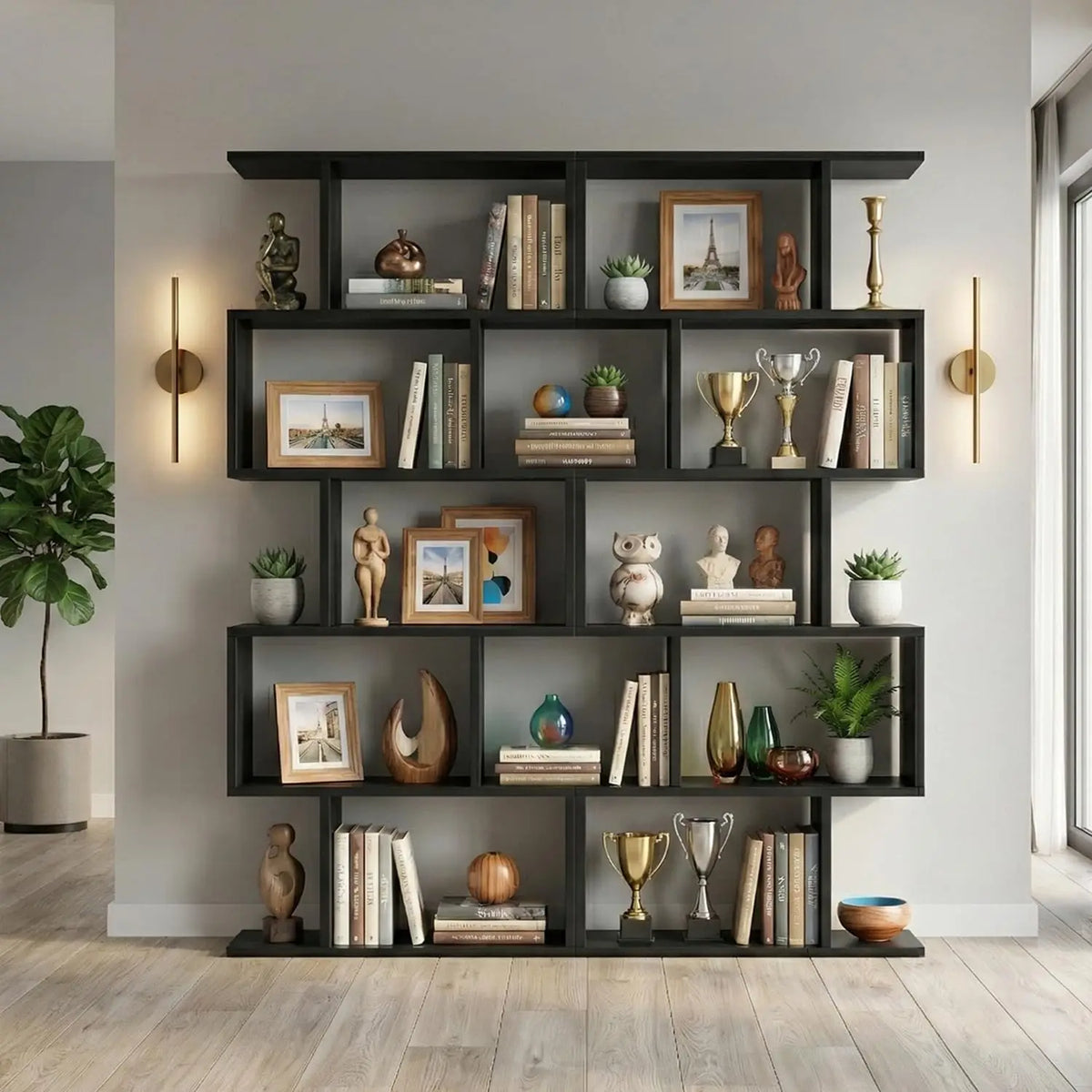 Freestanding Five Tier Geometric Bookshelf And Room Divider