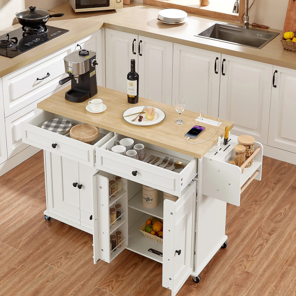 Wooden Rolling Kitchen Cart With Drop Leaf And Storage Rack