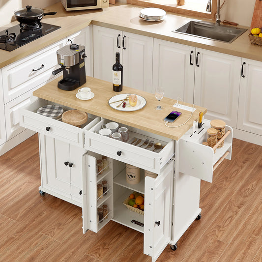 Wooden Rolling Kitchen Cart With Drop Leaf And Storage Rack