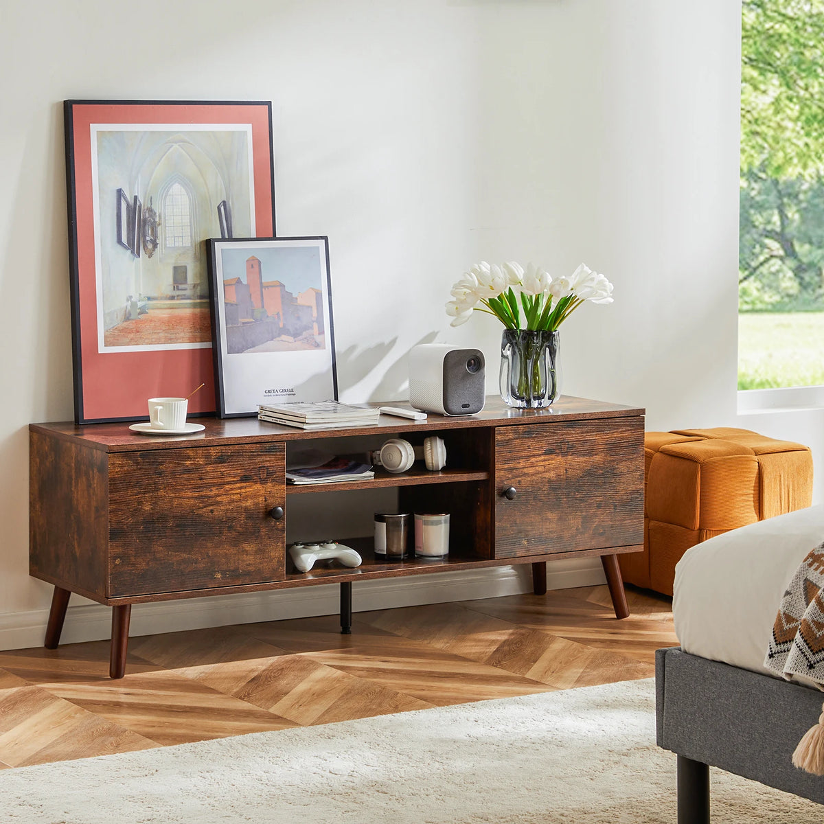 JHK Modern Wooden TV Stand Media Console With Adjustable Storage