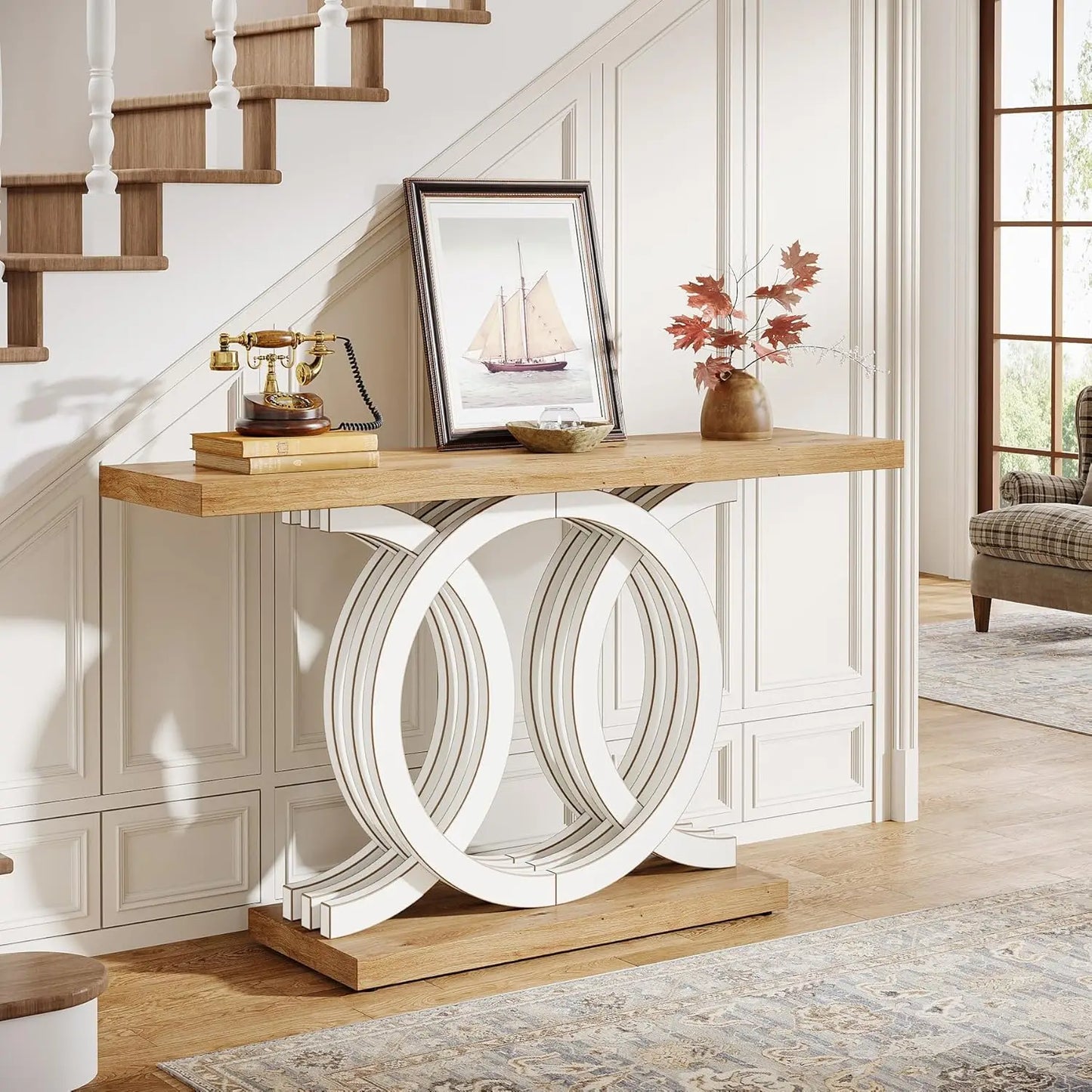 LITTLE TREE Geometric Wood Base Console Table For Entryway
