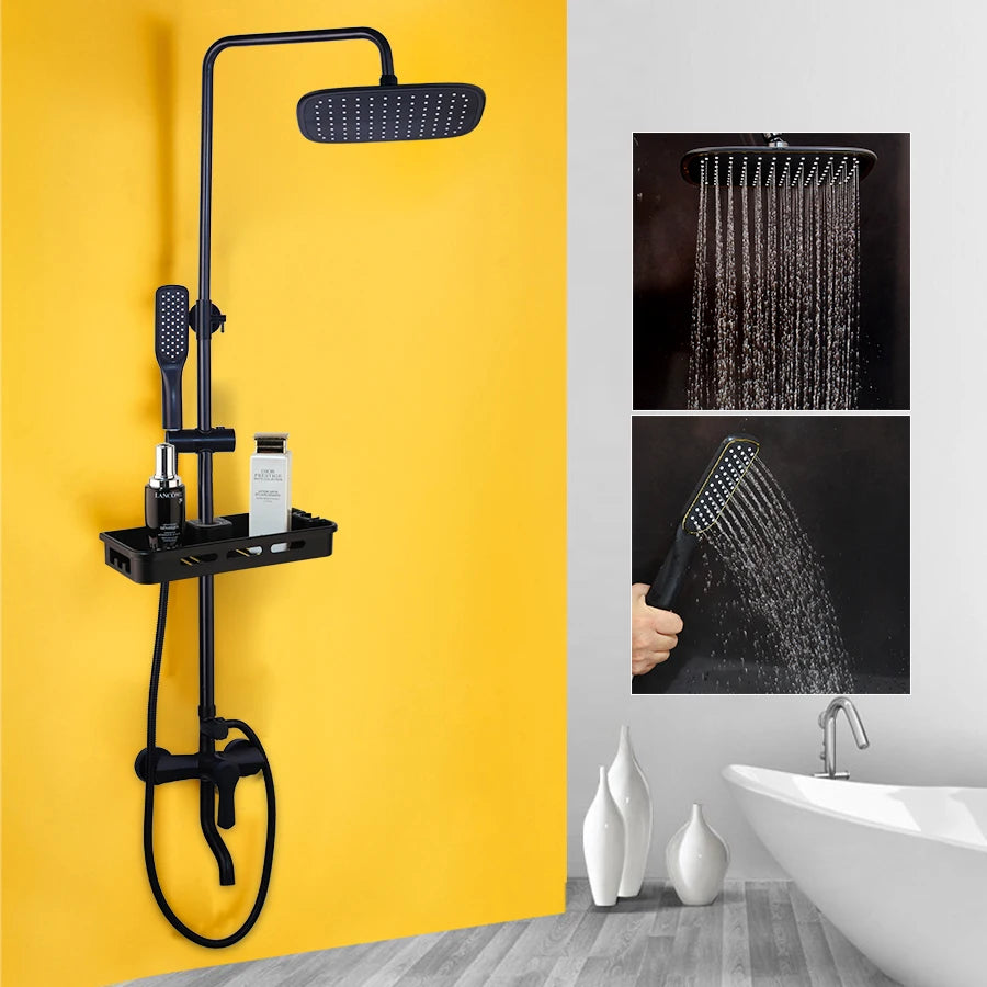 SINLAKU Bathroom Rainfall Shower Mixer Set With Storage Shelf