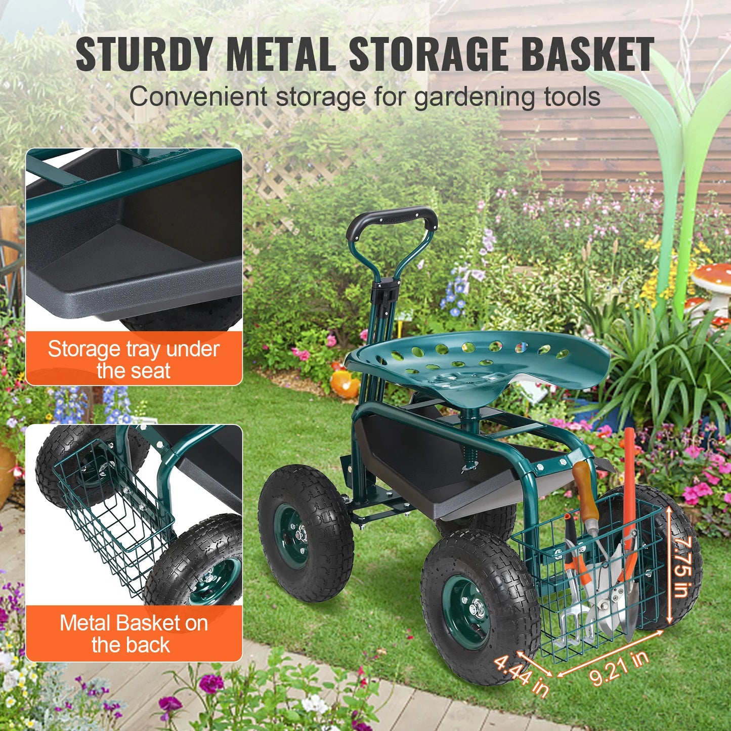 SucceBuy Garden Cart Rolling Workseat With Wheels 360 Swivel Seat