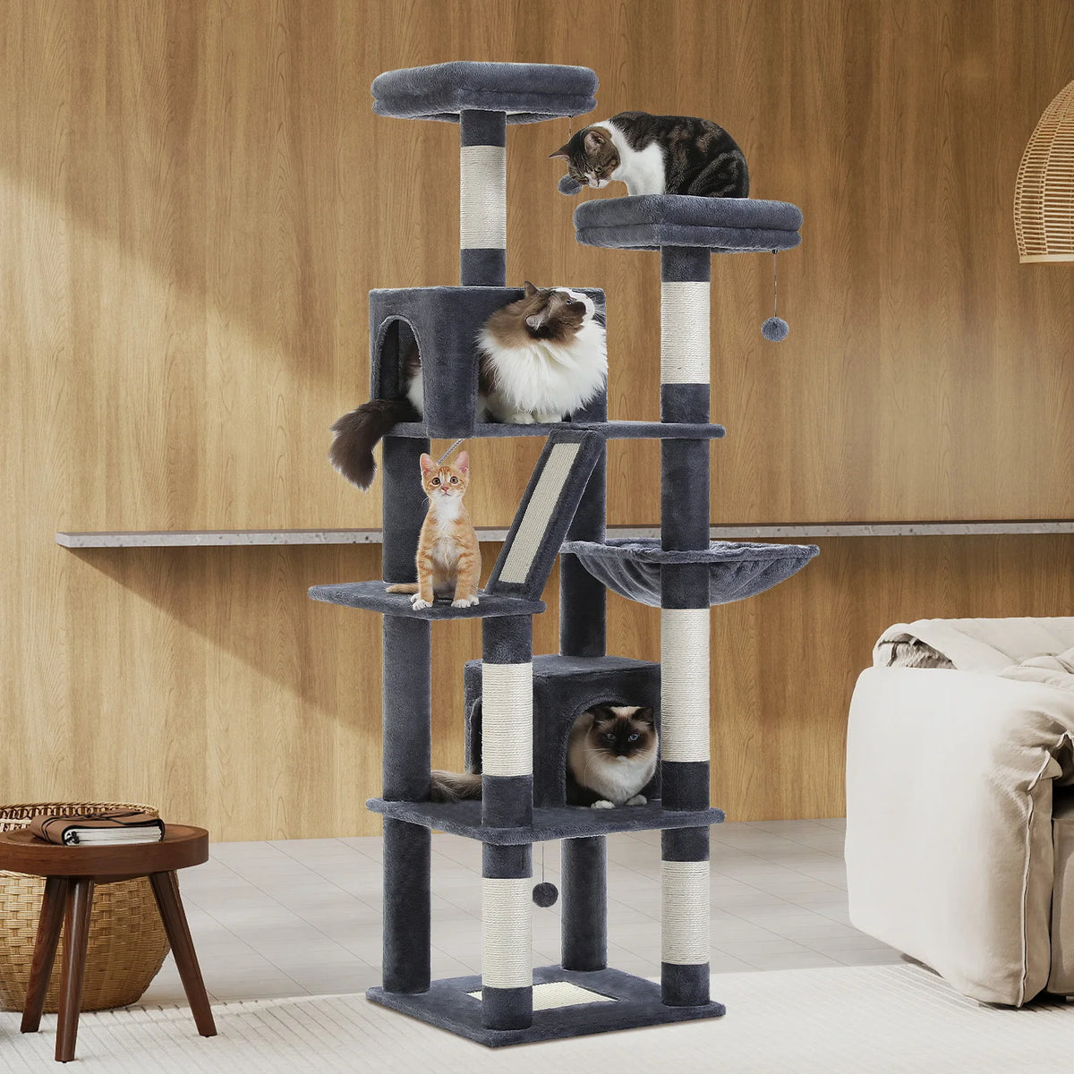 PEQULTI Multi Tier Cat Tree With Scratching Posts And Hammock