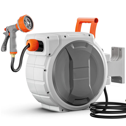 SucceBuy Retractable Garden Hose Reel With 9-Pattern Nozzle, Wall Mounted