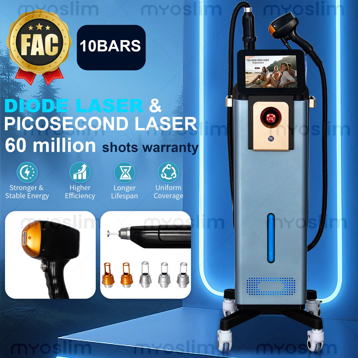Diode Hair Removal 4/6 Wavelengths Pico Tattoo Removal Machine 755nm FAC Collimation Ice Cooling System Foldable Touc