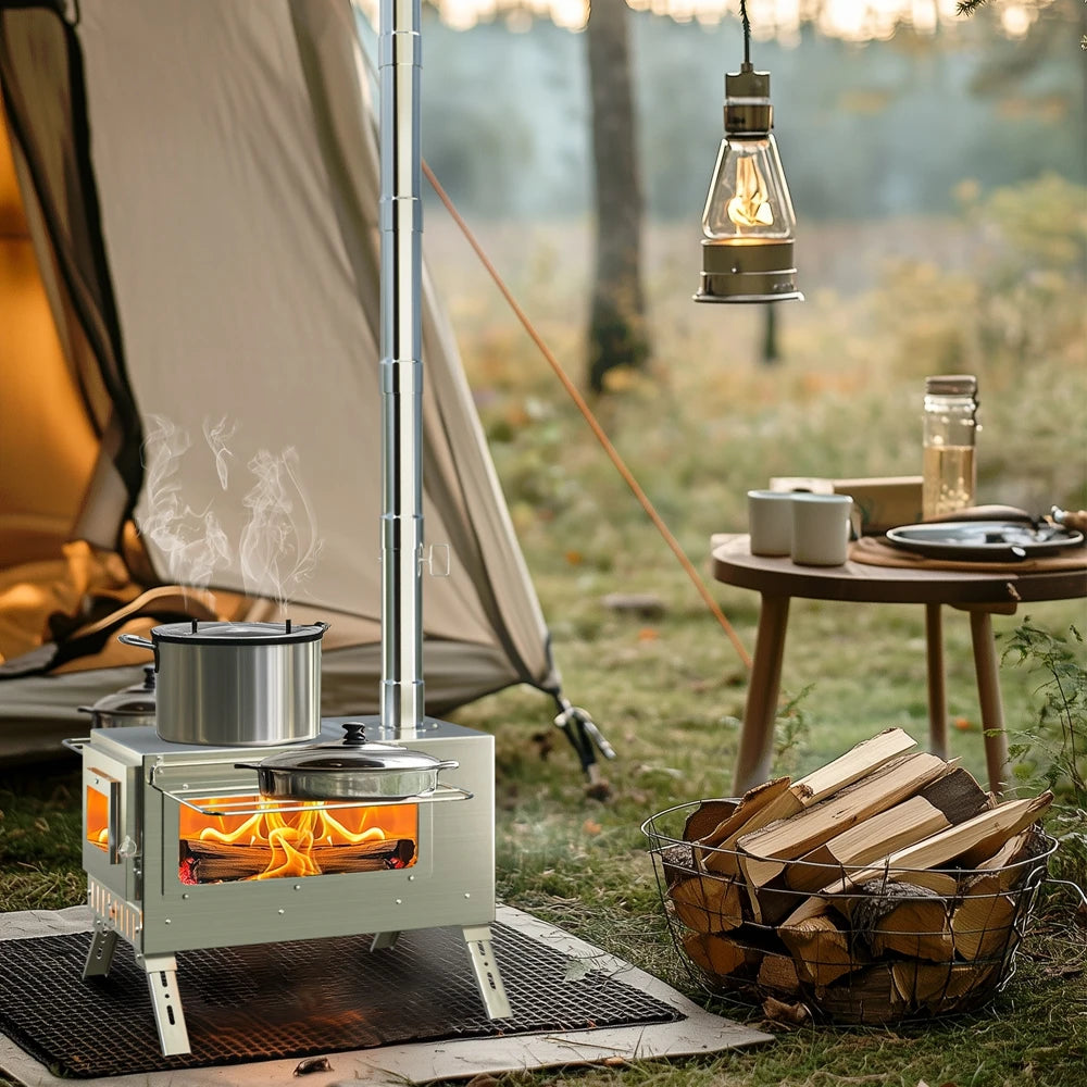 Portable Stainless Steel Tent Stove With 7 Chimney Pipes