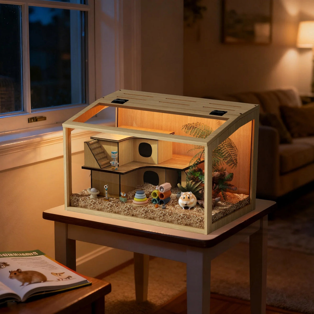 Wooden Chewproof Hamster Cage with Tempered Glass and LED Lighting