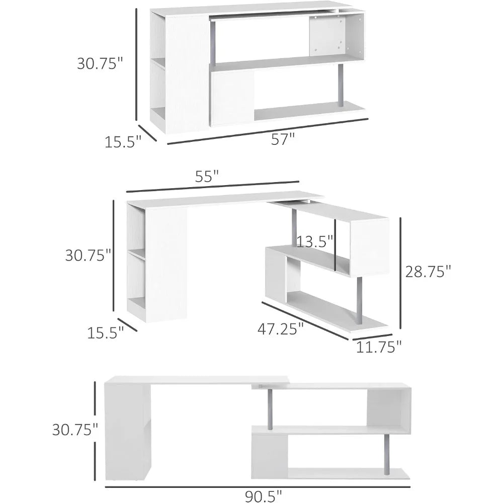 Rotating Corner Computer Desk With Three Tier Bookshelf Storage