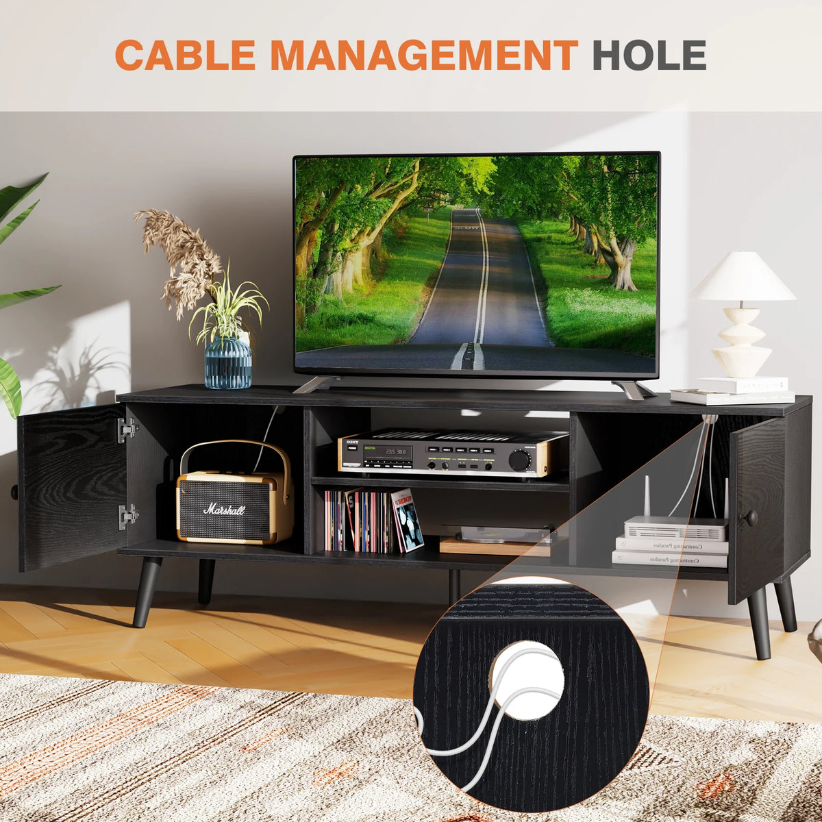 JHK Modern Wooden TV Stand Media Console With Adjustable Storage