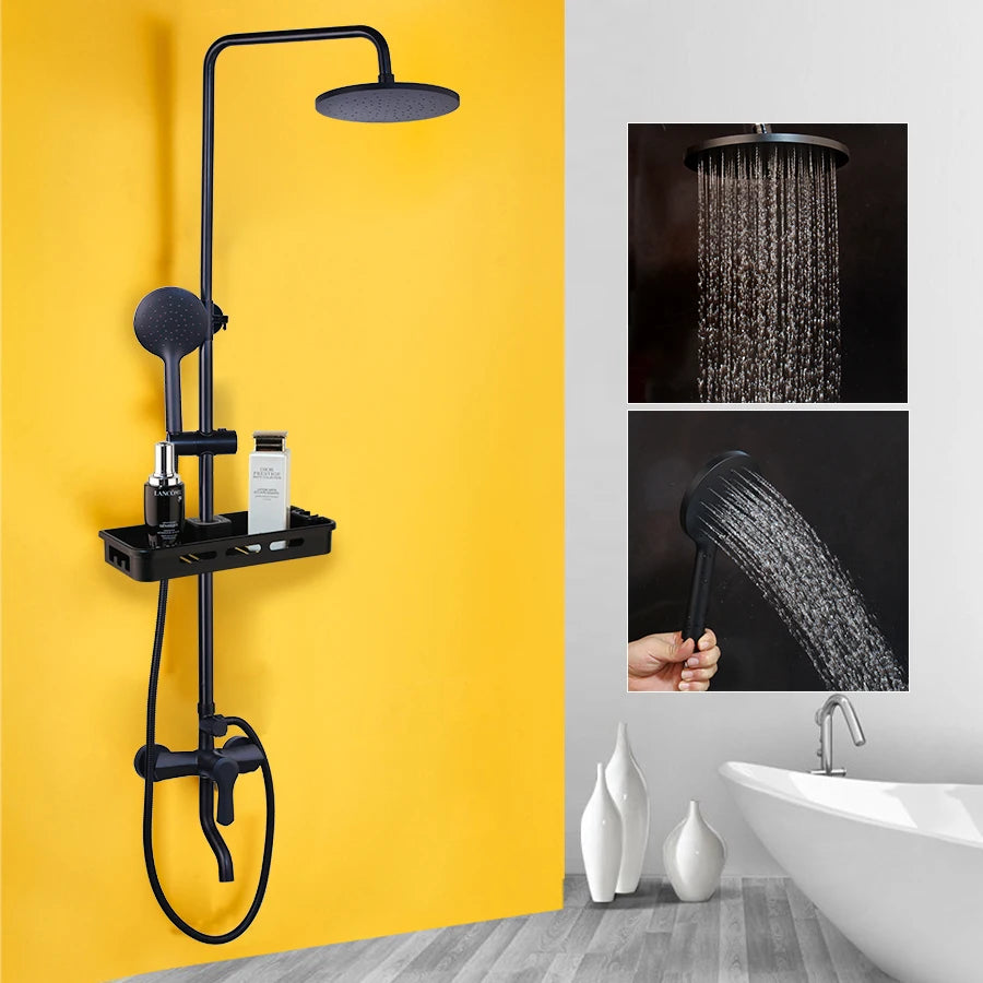 SINLAKU Bathroom Rainfall Shower Mixer Set With Storage Shelf