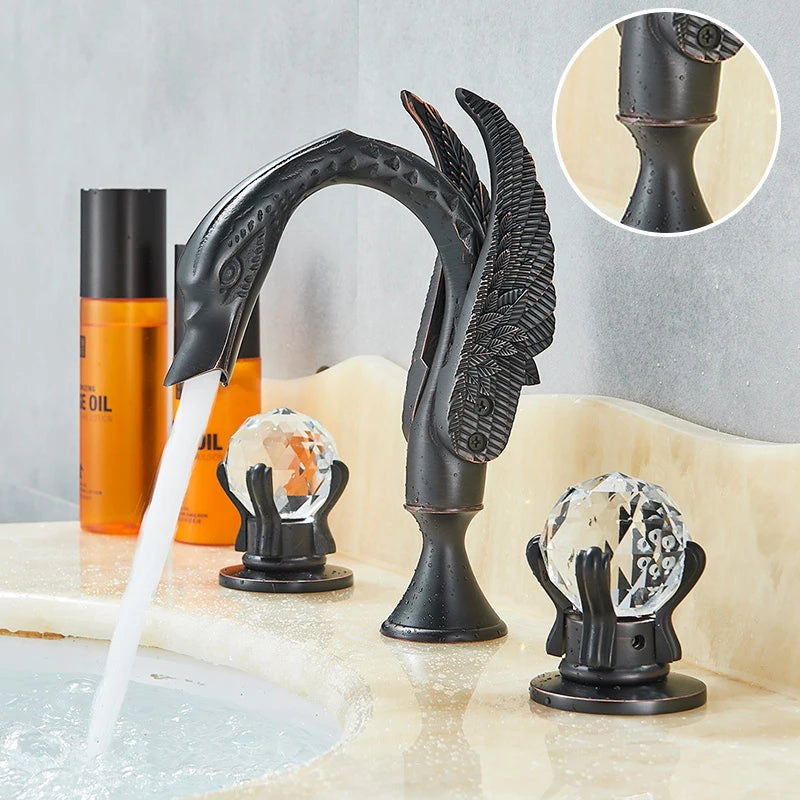 Luxury Bathroom Faucet Brass Golden Swan Shape Basin Tap Dual Handle Deck Mount Mixer Tap Sink Faucets Hot And Cold Water Mixer
