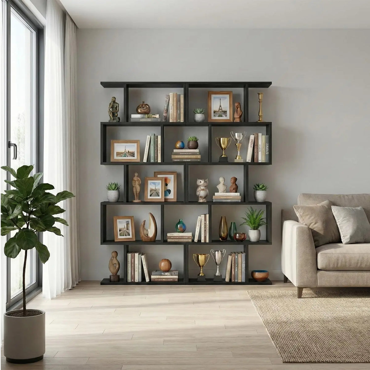 Freestanding Five Tier Geometric Bookshelf And Room Divider